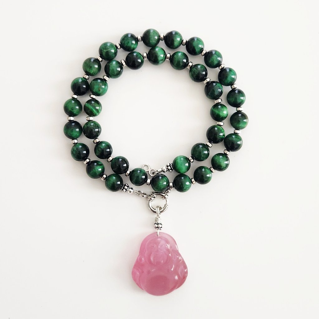 Green Tigers Eye Necklace W Happy Buddha Pendant--16 118$